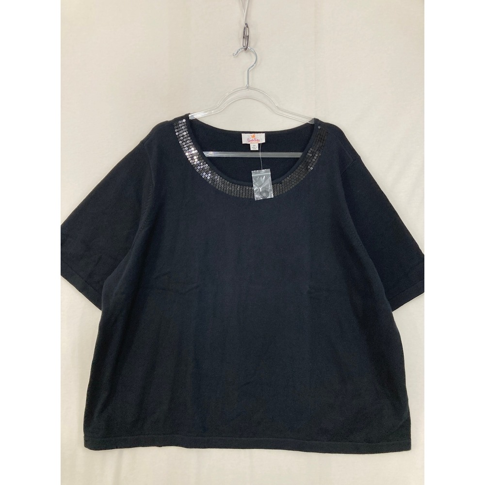 Quacker Factory Knit Sweater 3X Black Sequin Scoop Neck‎ Short Sleeve Comfy